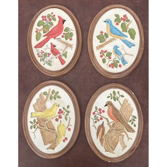 Vintage 3D Birds of‎ America Chalk Ware Wall Plaques Set (4) Cardinal Robin